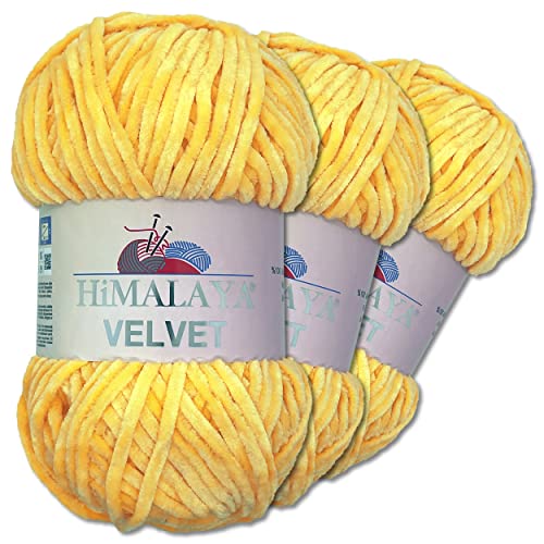 Wohnkult Himalaya 3 x 100 g Velvet Dolphin Wolle 40 Farben zur Auswahl Chenille Strickgarn Flauschwolle Glanz Accessoire Kleidung Decken (90013 | Gelb) von Wohnkult
