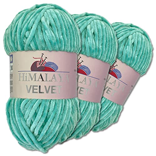 Wohnkult Himalaya 3 x 100 g Velvet Dolphin Wolle 40 Farben zur Auswahl Chenille Strickgarn Flauschwolle Glanz Accessoire Kleidung Decken (90035 | Türkis) von Wohnkult