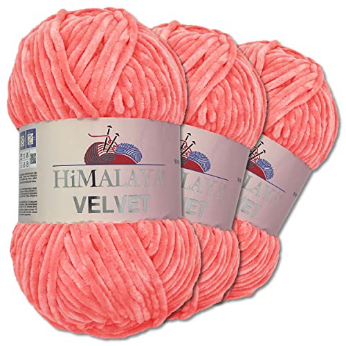 Wohnkult Himalaya 3 x 100 g Velvet Dolphin Wolle 40 Farben zur Auswahl Chenille Strickgarn Flauschwolle Glanz Accessoire Kleidung Decken (90046 | Lachsrosa) von Wohnkult