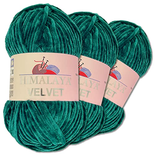 Wohnkult Himalaya 3 x 100 g Velvet Dolphin Wolle 40 Farben zur Auswahl Chenille Strickgarn Flauschwolle Glanz Accessoire Kleidung Decken (90048 | Petrol) von Wohnkult