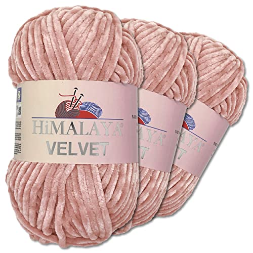 Wohnkult Himalaya 3 x 100 g Velvet Dolphin Wolle 40 Farben zur Auswahl Chenille Strickgarn Flauschwolle Glanz Accessoire Kleidung Decken (90049 | Altrosa) von Wohnkult