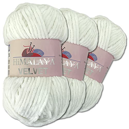 Wohnkult Himalaya 3 x 100 g Velvet Dolphin Wolle 40 Farben zur Auswahl Chenille Strickgarn Flauschwolle Glanz Accessoire Kleidung Decken (90063 | Weiß) von Wohnkult