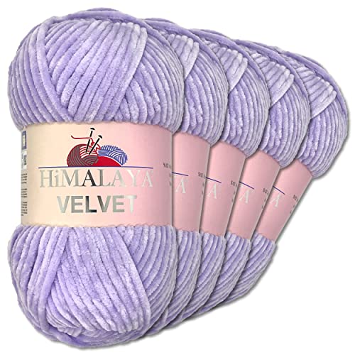 Wohnkult Himalaya 5 x 100 g Velvet Dolphin Wolle 40 Farben zur Auswahl Chenille Strickgarn Glanz Flauschgarn Accessoire Kleidung (90005 | Flieder) von Wohnkult