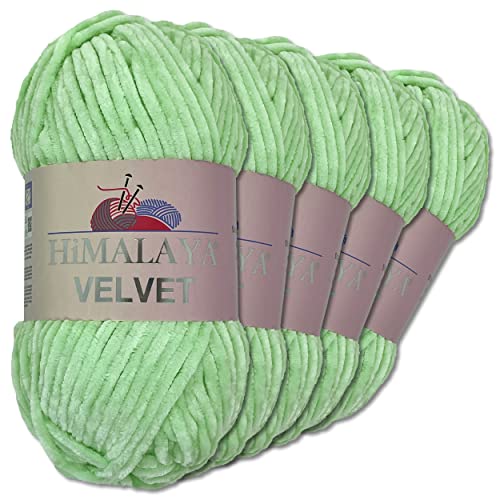 Wohnkult Himalaya 5 x 100 g Velvet Dolphin Wolle 40 Farben zur Auswahl Chenille Strickgarn Glanz Flauschgarn Accessoire Kleidung (90007 | Mint) von Wohnkult