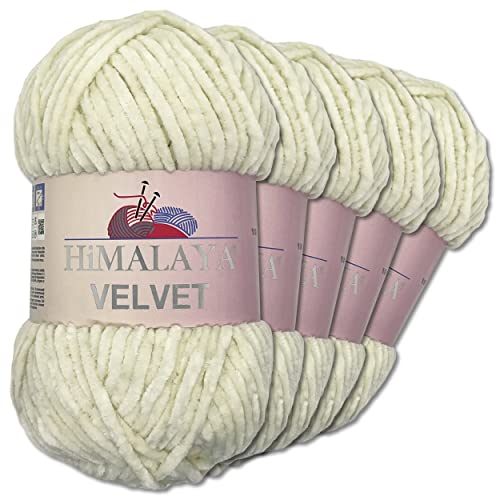 Wohnkult Himalaya 5 x 100 g Velvet Dolphin Wolle 40 Farben zur Auswahl Chenille Strickgarn Glanz Flauschgarn Accessoire Kleidung (90008 | Vanille) von Wohnkult