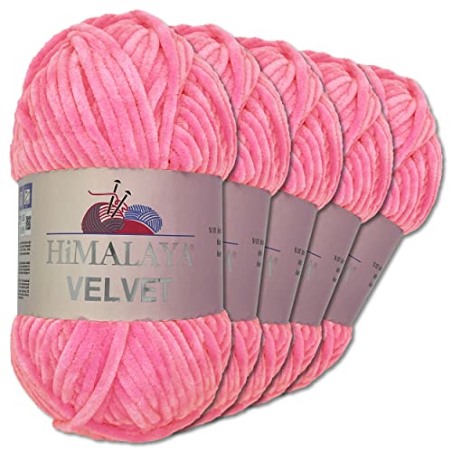 Wohnkult Himalaya 5 x 100 g Velvet Dolphin Wolle 40 Farben zur Auswahl Chenille Strickgarn Glanz Flauschgarn Accessoire Kleidung (90009 | Pink) von Wohnkult