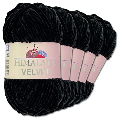 Wohnkult Himalaya 5 x 100 g Velvet Dolphin Wolle 40 Farben zur Auswahl Chenille Strickgarn Glanz Flauschgarn Accessoire Kleidung (90011 | Schwarz) von Wohnkult