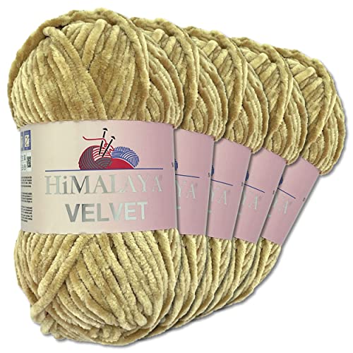 Wohnkult Himalaya 5 x 100 g Velvet Dolphin Wolle 40 Farben zur Auswahl Chenille Strickgarn Glanz Flauschgarn Accessoire Kleidung (90017 | Sandstein) von Wohnkult