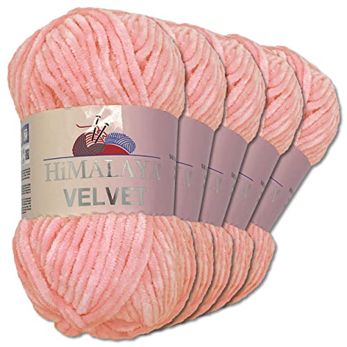 Wohnkult Himalaya 5 x 100 g Velvet Dolphin Wolle 40 Farben zur Auswahl Chenille Strickgarn Glanz Flauschgarn Accessoire Kleidung (90019 | Rosa) von Wohnkult