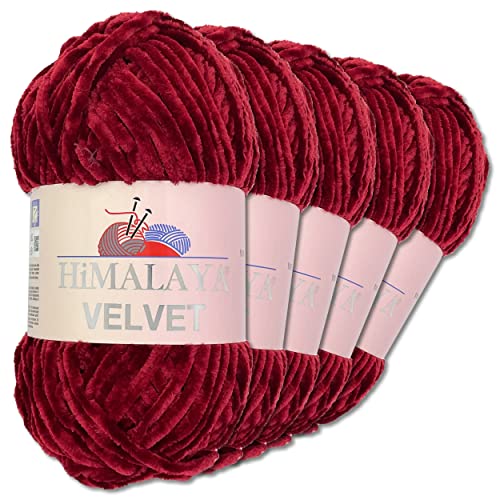 Wohnkult Himalaya 5 x 100 g Velvet Dolphin Wolle 40 Farben zur Auswahl Chenille Strickgarn Glanz Flauschgarn Accessoire Kleidung (90022 | Kirschrot) von Wohnkult