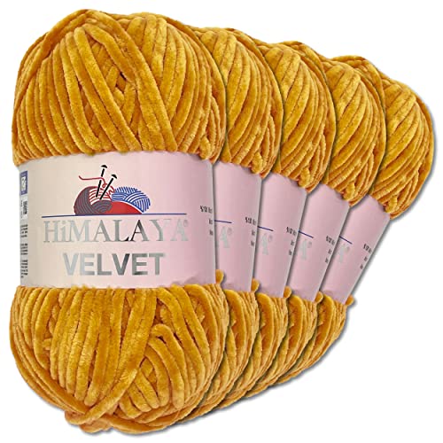 Wohnkult Himalaya 5 x 100 g Velvet Dolphin Wolle 40 Farben zur Auswahl Chenille Strickgarn Glanz Flauschgarn Accessoire Kleidung (90030 | Senf) von Wohnkult