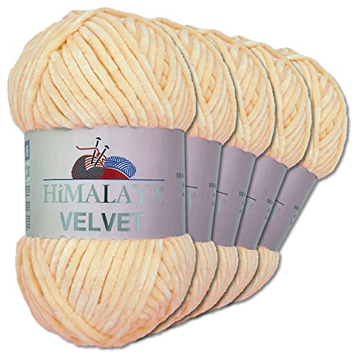 Wohnkult Himalaya 5 x 100 g Velvet Dolphin Wolle 40 Farben zur Auswahl Chenille Strickgarn Glanz Flauschgarn Accessoire Kleidung (90033 | Apricot) von Wohnkult