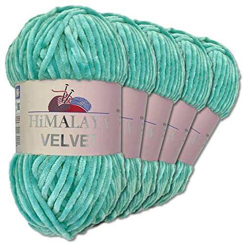 Wohnkult Himalaya 5 x 100 g Velvet Dolphin Wolle 40 Farben zur Auswahl Chenille Strickgarn Glanz Flauschgarn Accessoire Kleidung (90035 | Türkis) von Wohnkult