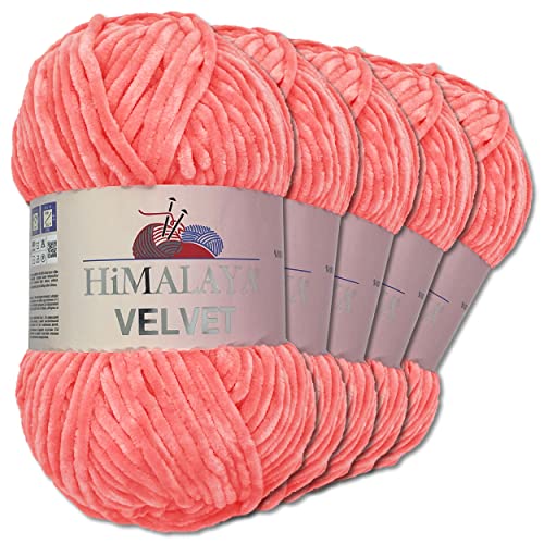 Wohnkult Himalaya 5 x 100 g Velvet Dolphin Wolle 40 Farben zur Auswahl Chenille Strickgarn Glanz Flauschgarn Accessoire Kleidung (90046 | Lachsrosa) von Wohnkult