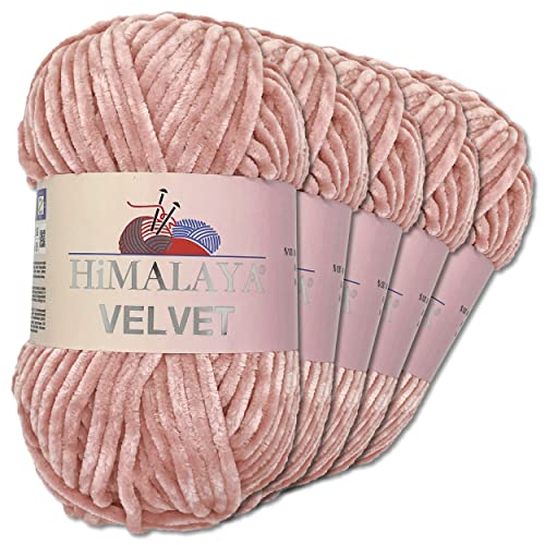 Wohnkult Himalaya 5 x 100 g Velvet Dolphin Wolle 40 Farben zur Auswahl Chenille Strickgarn Glanz Flauschgarn Accessoire Kleidung (90049 | Altrosa) von Wohnkult