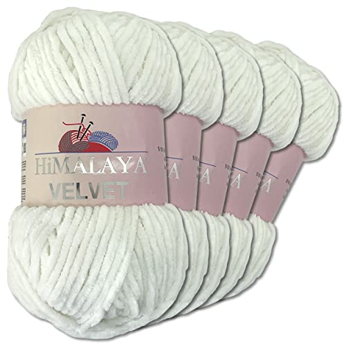 Wohnkult Himalaya 5 x 100 g Velvet Dolphin Wolle 40 Farben zur Auswahl Chenille Strickgarn Glanz Flauschgarn Accessoire Kleidung (90063 | Weiß) von Wohnkult
