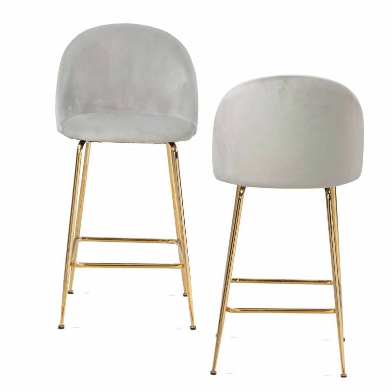 2er Set Barhocker Samt Grau Hocker mit Lehne & goldenen Beinen von Wohnling