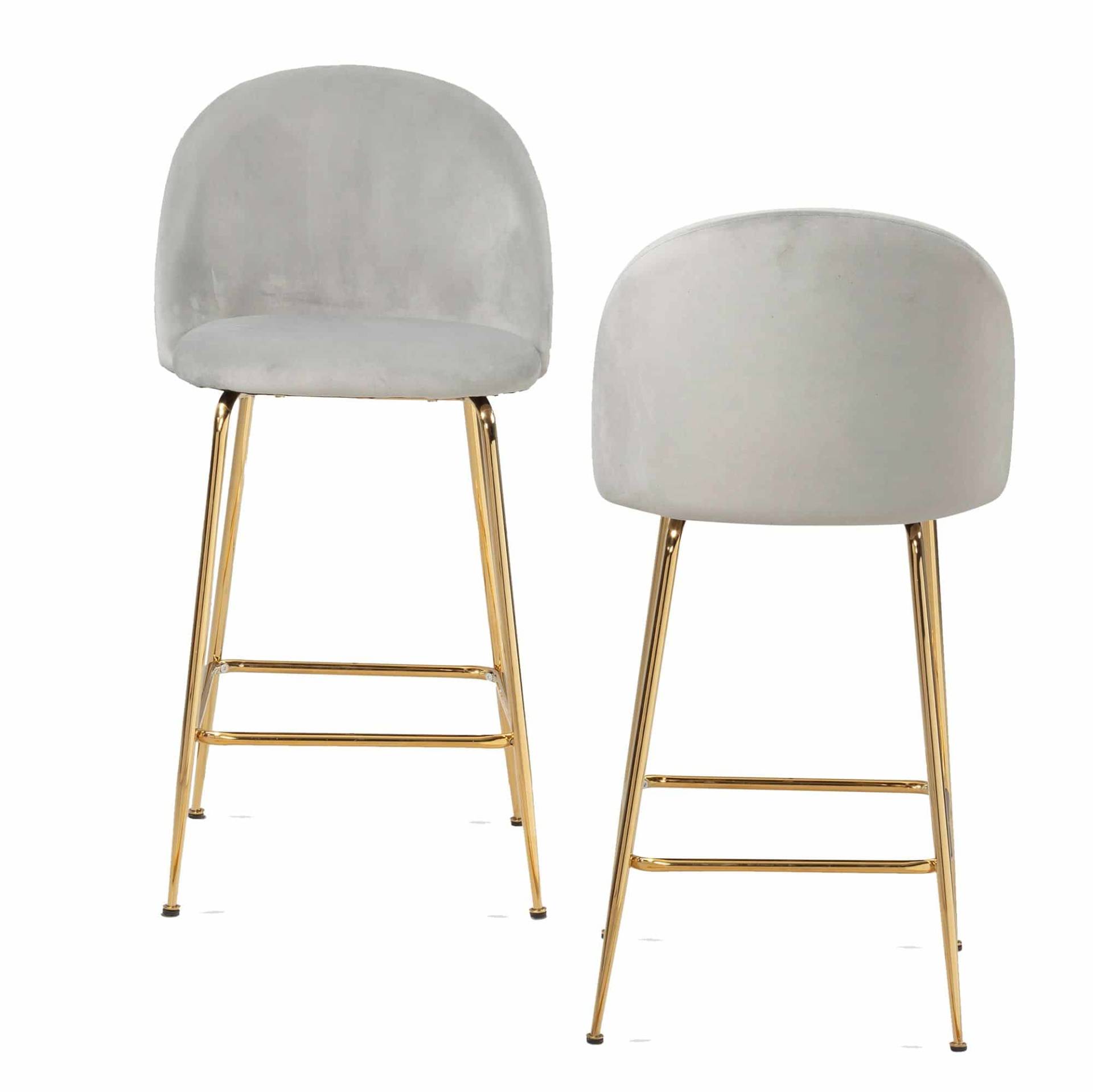 2er Set Barhocker Samt Grau Hocker mit Lehne & goldenen Beinen 2er Set Barhocker Samt Grau Hocker mit Lehne & goldenen Beinen von Wohnling