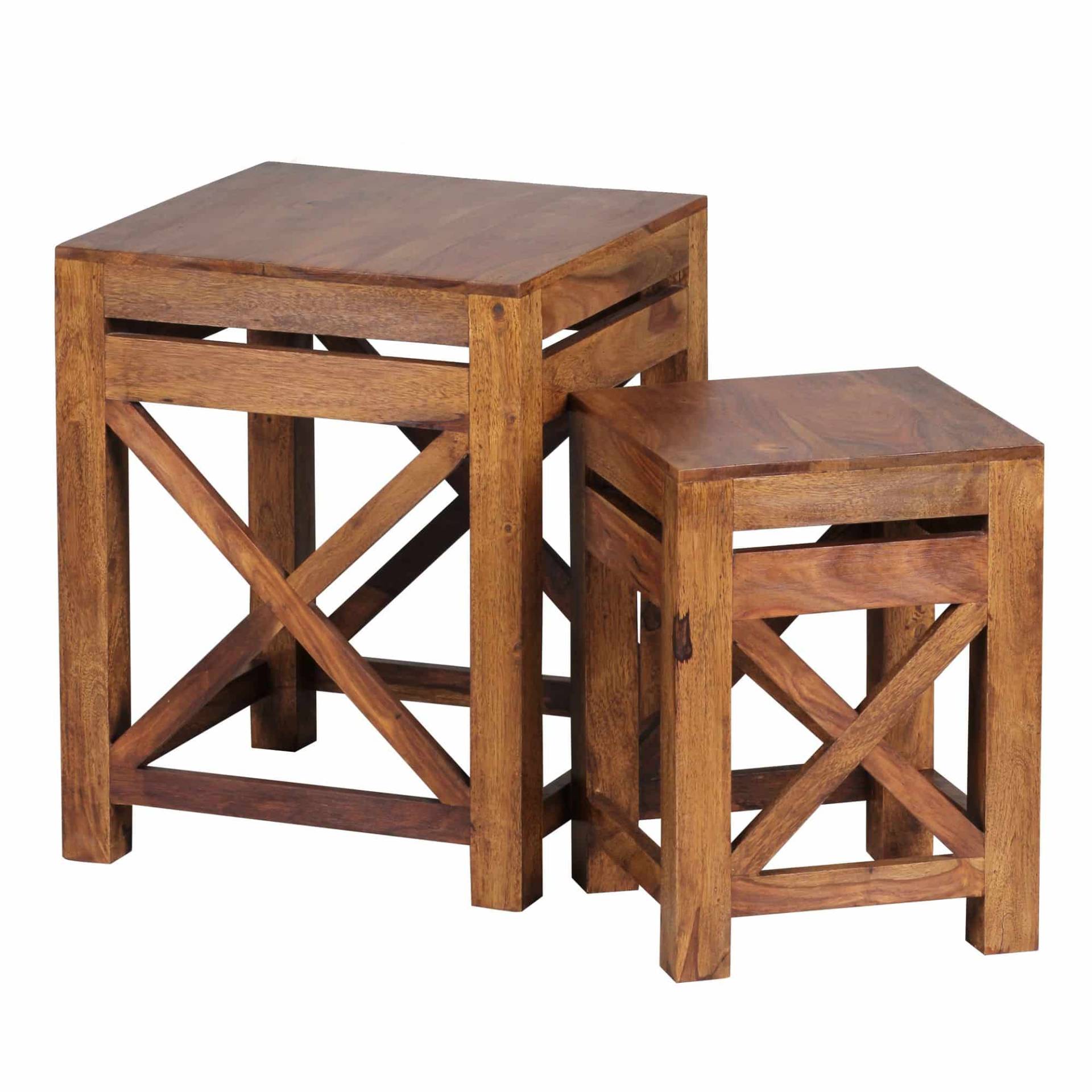 2er Set Beistelltisch PALI Massiv-Holz Sheesham Wohnzimmer-Tisch Design dunkel-braun Landhaus-Stil Couchtisch von Wohnling