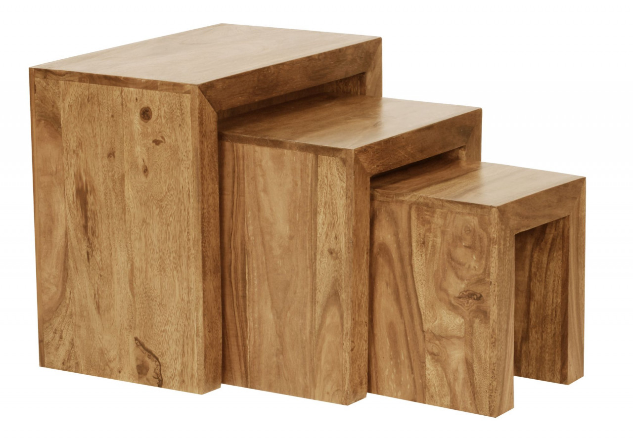 3er Set Satztisch MUMBAI Massiv-Holz Akazie Wohnzimmer-Tisch Landhaus-Stil Beistelltisch dunkel-braun Naturholz von Wohnling