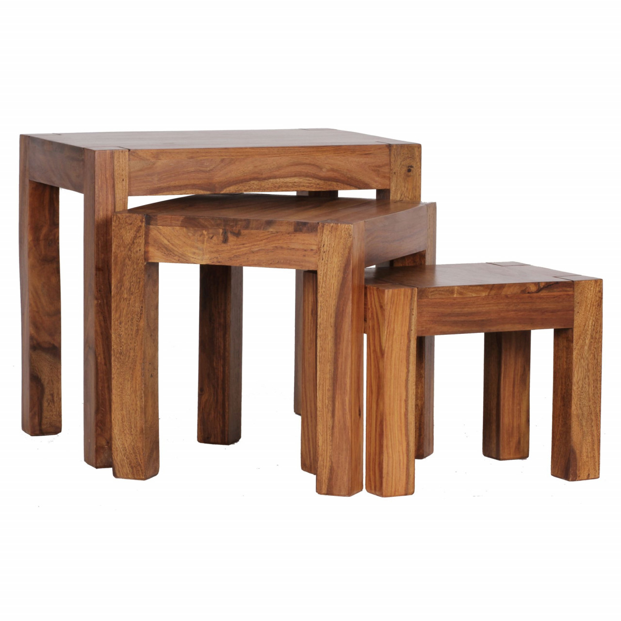 3er Set Satztisch Massiv-Holz Sheesham Wohnzimmer-Tisch Landhaus-Stil Beistelltisch dunkel-braun Naturholz von Wohnling