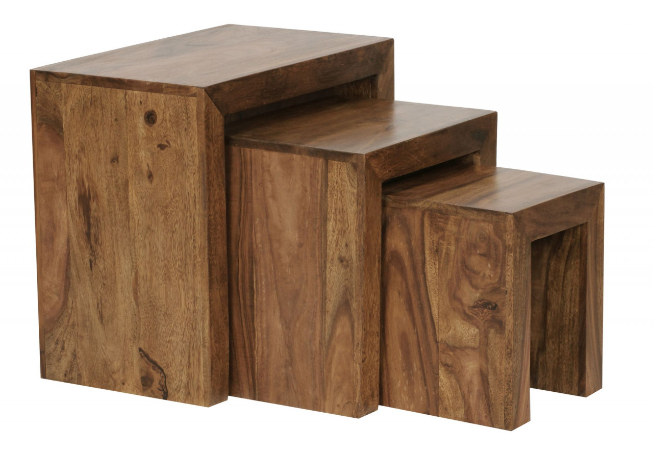 3er Set Satztisch Massiv-Holz Sheesham Wohnzimmer-Tisch Landhaus-Stil Beistelltisch dunkel-braun Naturholz von Wohnling