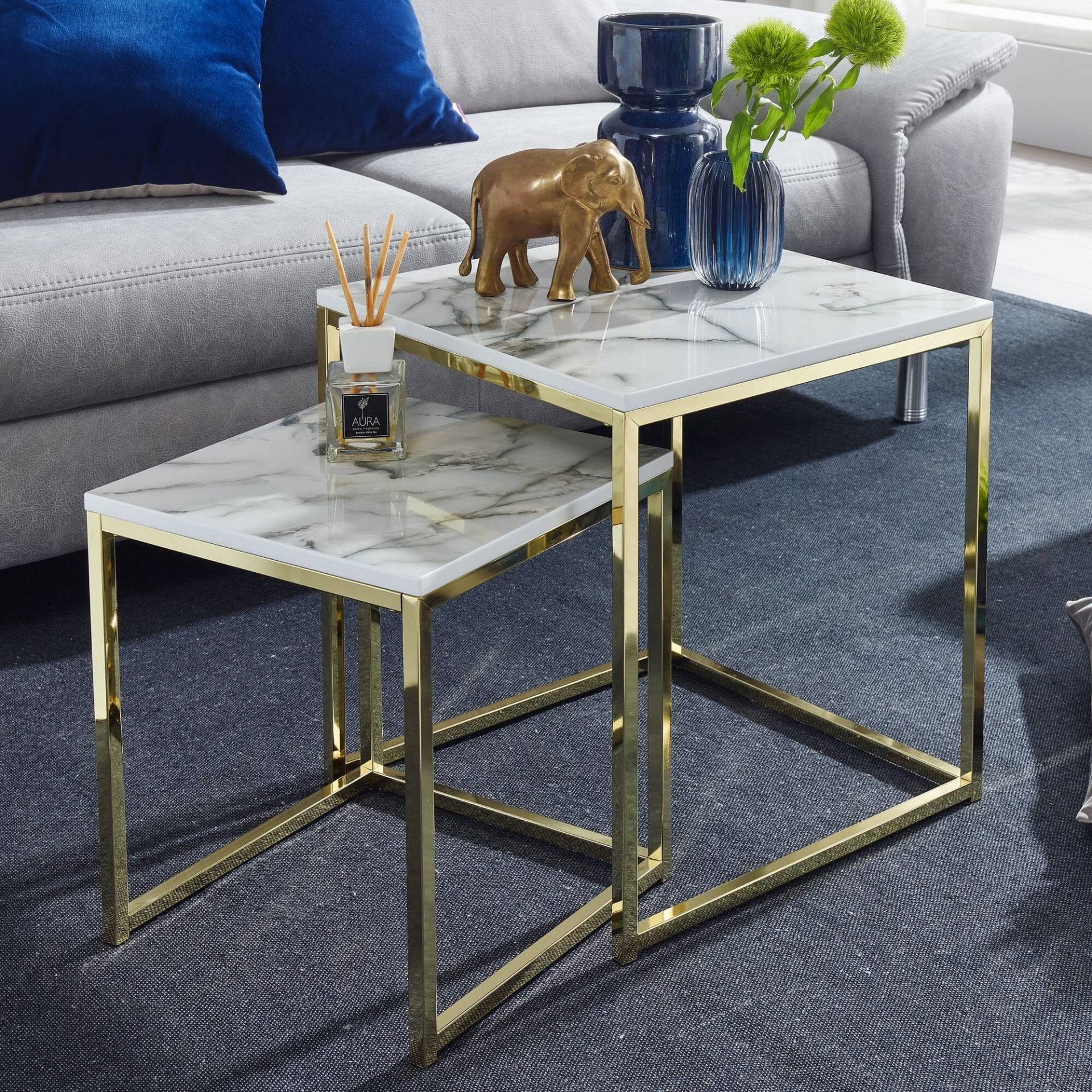 Beistelltisch 2er Set Marmoroptik Weiß Metall Gold Quadratisch Modern Beistelltisch 2er Set Marmoroptik Weiß Metall Gold Quadratisch Modern von Wohnling