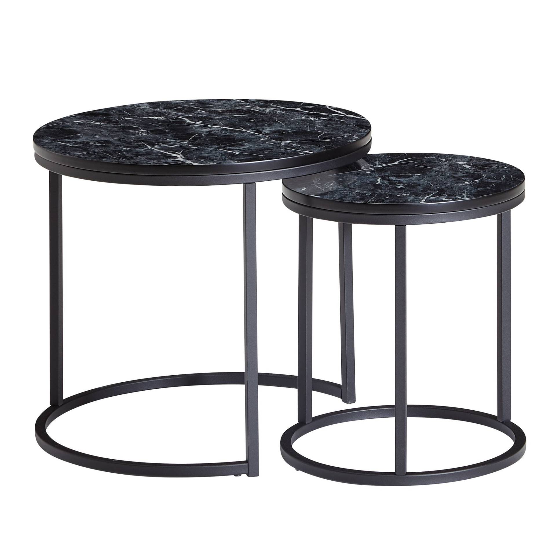 Beistelltisch 2er Set Rund Marmoroptik Schwarz Metallgestell Modern von Wohnling