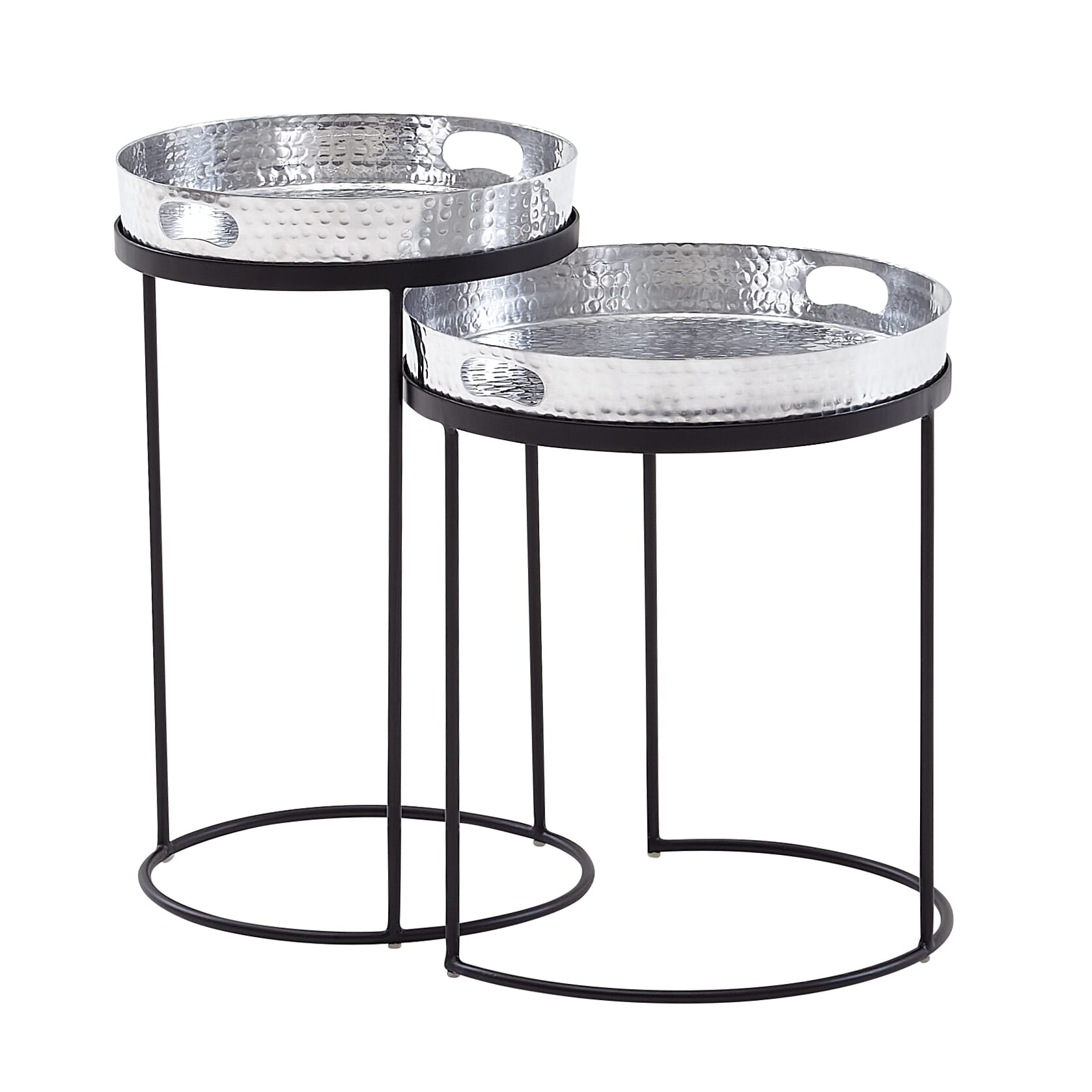 Beistelltisch 2er Set Rund Silber Schwarz Metall Hammerschlag abnehmbares Tablett Modern von Wohnling