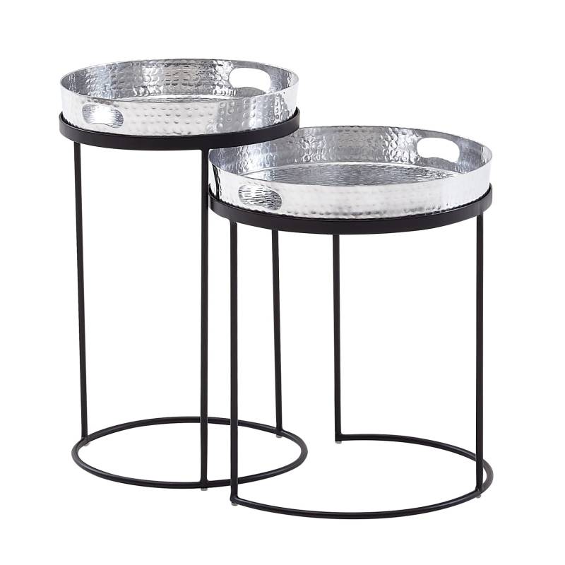 Beistelltisch 2er Set Rund Silber Schwarz Metall Hammerschlag abnehmbares Tablett Modern von Wohnling