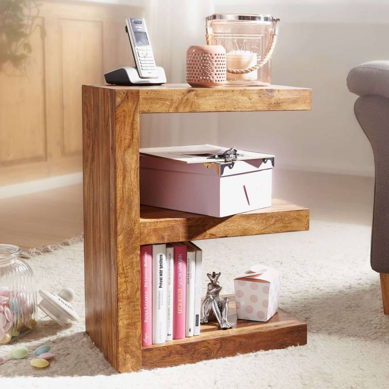 Beistelltisch MUMBAI Massivholz Sheesham E Cube 60cm hoch Wohnzimmer-Tisch Design braun Landhaus-Stil Couchtisch von Wohnling