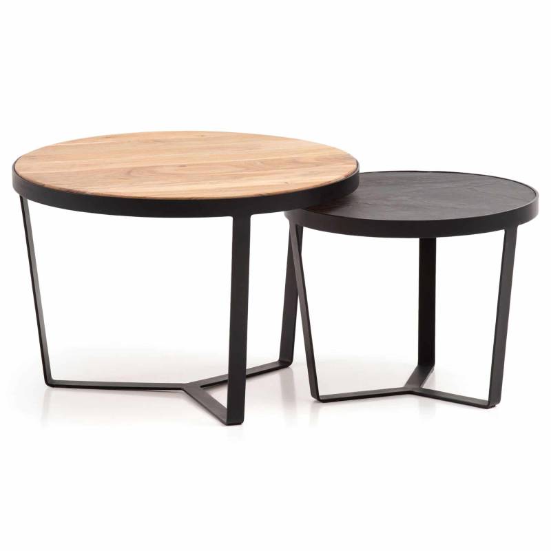 Couchtisch 2er Set Akazie Massivholz / Steinoptik Wohnzimmertisch Rund von Wohnling