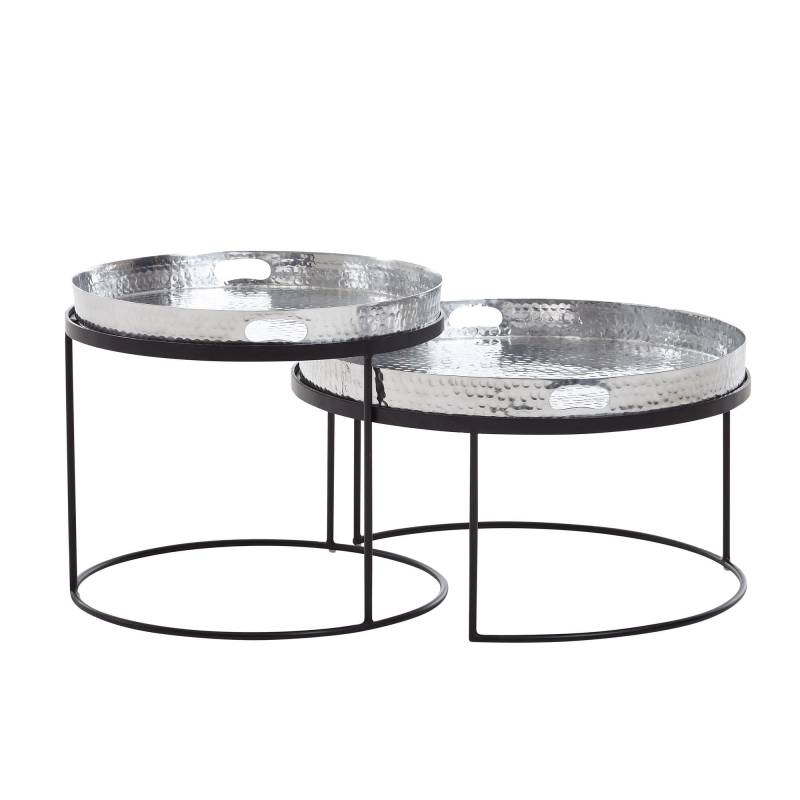Couchtisch 2er Set Rund Metall Silber Schwarz Hammerschlag abnehmbares Tablett Modern von Wohnling
