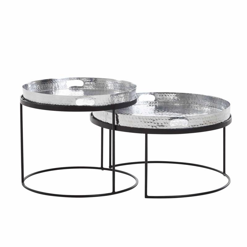 Couchtisch 2er Set Silber / Schwarz Metall Hammerschlag Satztisch Rund von Wohnling