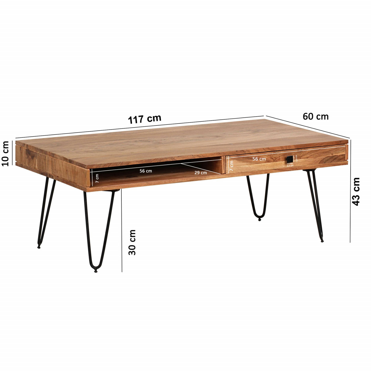 Couchtisch BAGLI Massiv-Holz Akazie 110 cm breit Wohnzimmer-Tisch Design Metallbeine Landhaus-Stil Beistelltisch von Wohnling