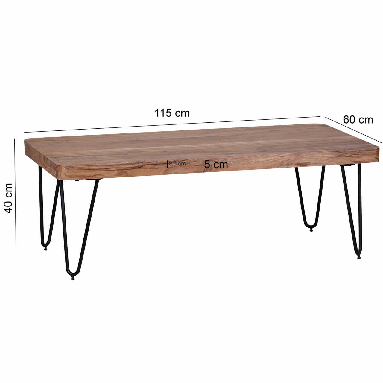 Couchtisch BAGLI Massiv-Holz Akazie 115 cm breit Wohnzimmer-Tisch Design Metallbeine Landhaus-Stil Beistelltisch von Wohnling