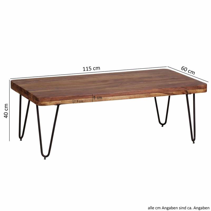 Couchtisch BAGLI Massiv-Holz Sheesham 115 cm breit Wohnzimmer-Tisch Design Metallbeine Landhaus-Stil Beistelltisch von Wohnling