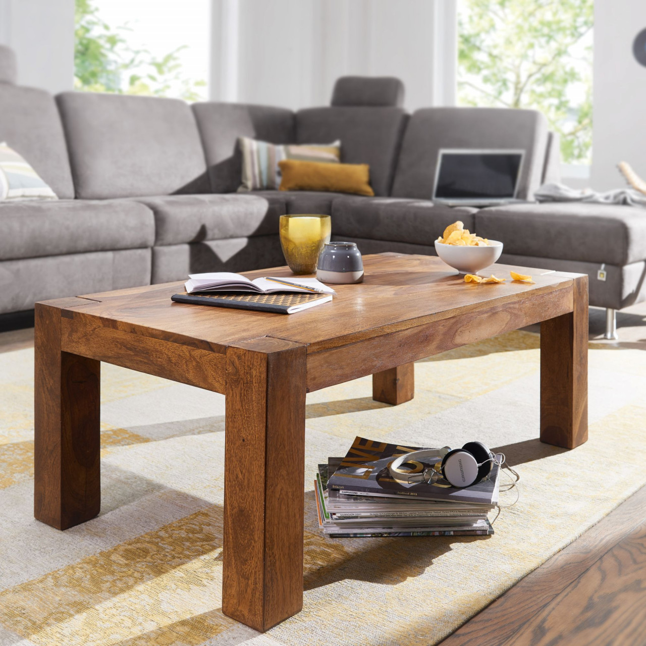 Couchtisch Massiv-Holz Sheesham 110cm breit Wohnzimmer-Tisch Design dunkel-braun Landhaus-Stil Beistelltisch von Wohnling