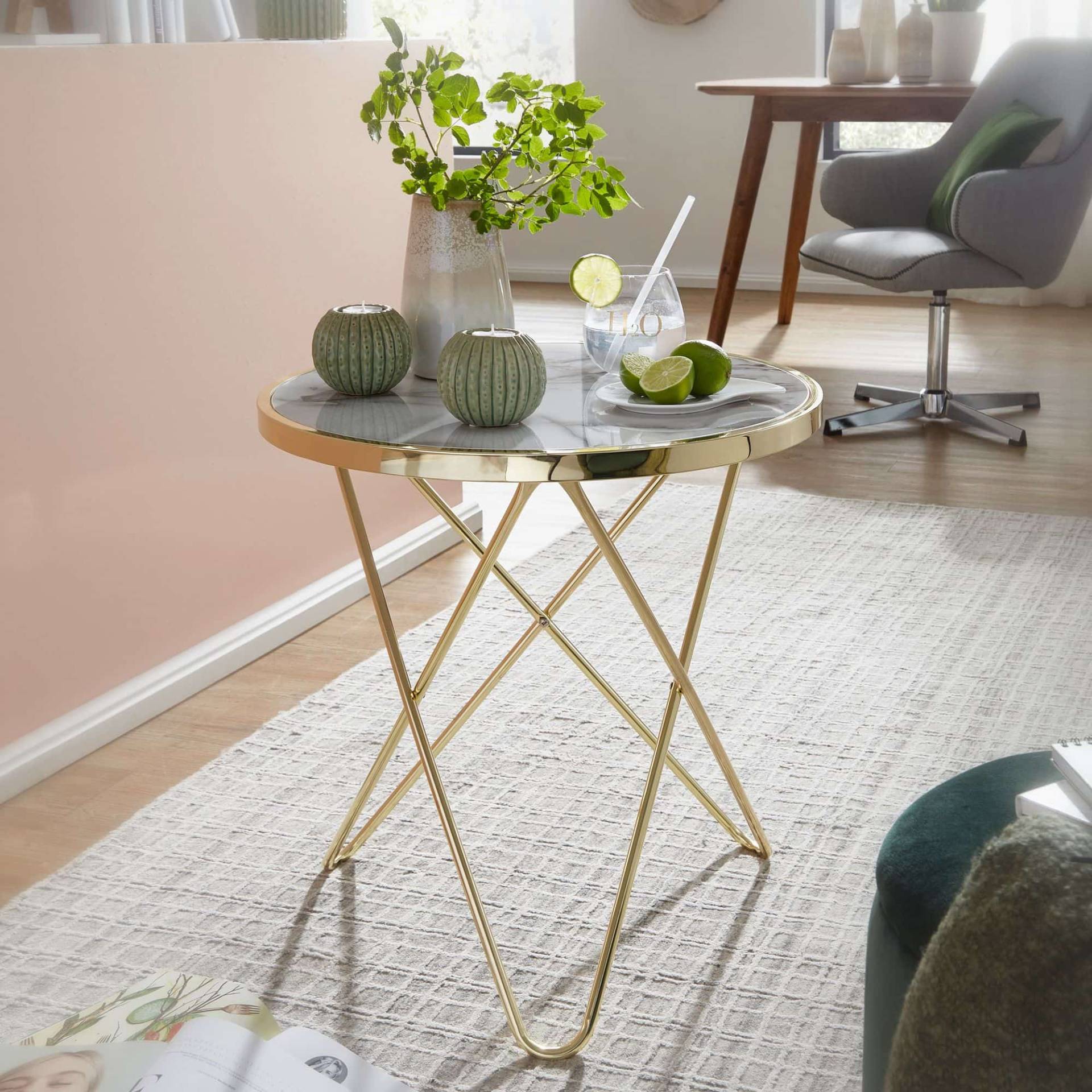 Design Beistelltisch Marmor Optik Weiß Rund Ø55 cm Gold Metallgestell von Wohnling