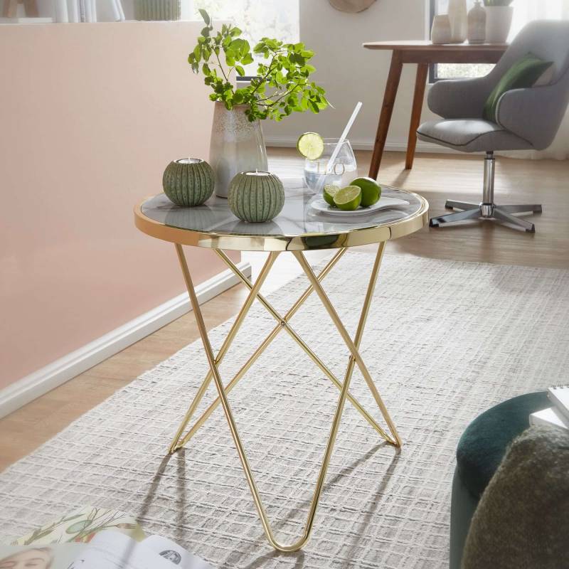 Design Beistelltisch Marmor Optik Weiß Rund Ø55 cm Gold Metallgestell von Wohnling
