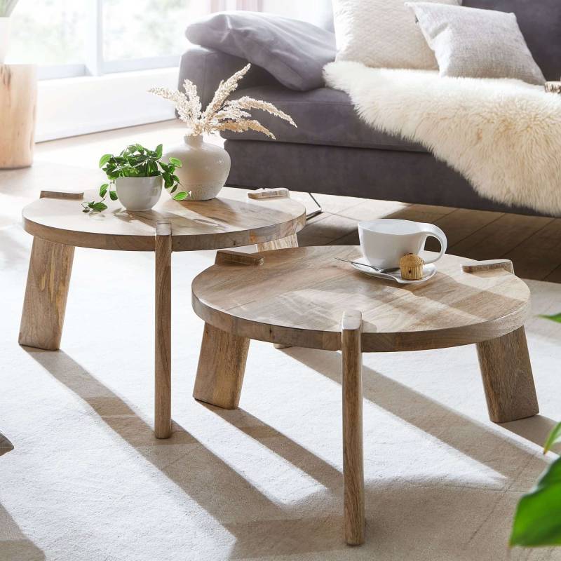 Design Couchtisch 2er Set Mango Massivholz Wohnzimmertisch Hell von Wohnling