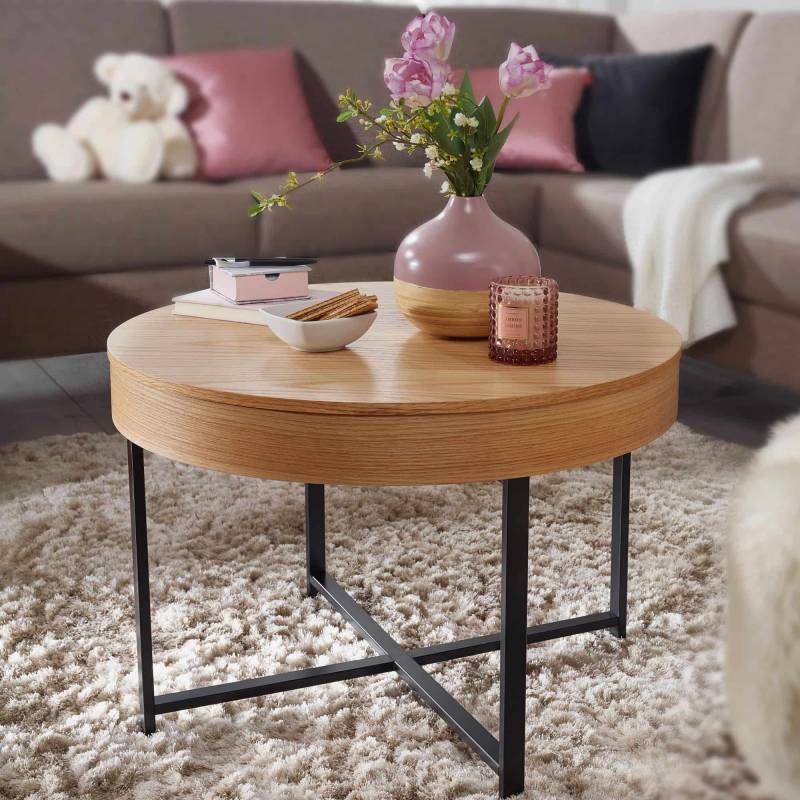Design Couchtisch Rund Ø 69 cm mit Eichen Optik Tisch mit Stauraum von Wohnling