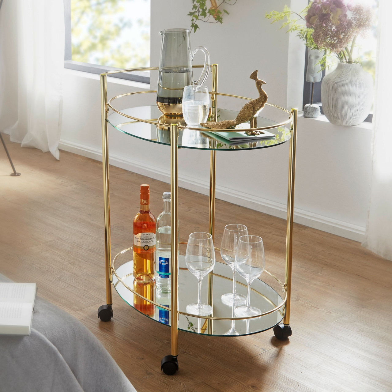 Design Servierwagen Gold 67x79 cm Mobile Mini Bar von Wohnling