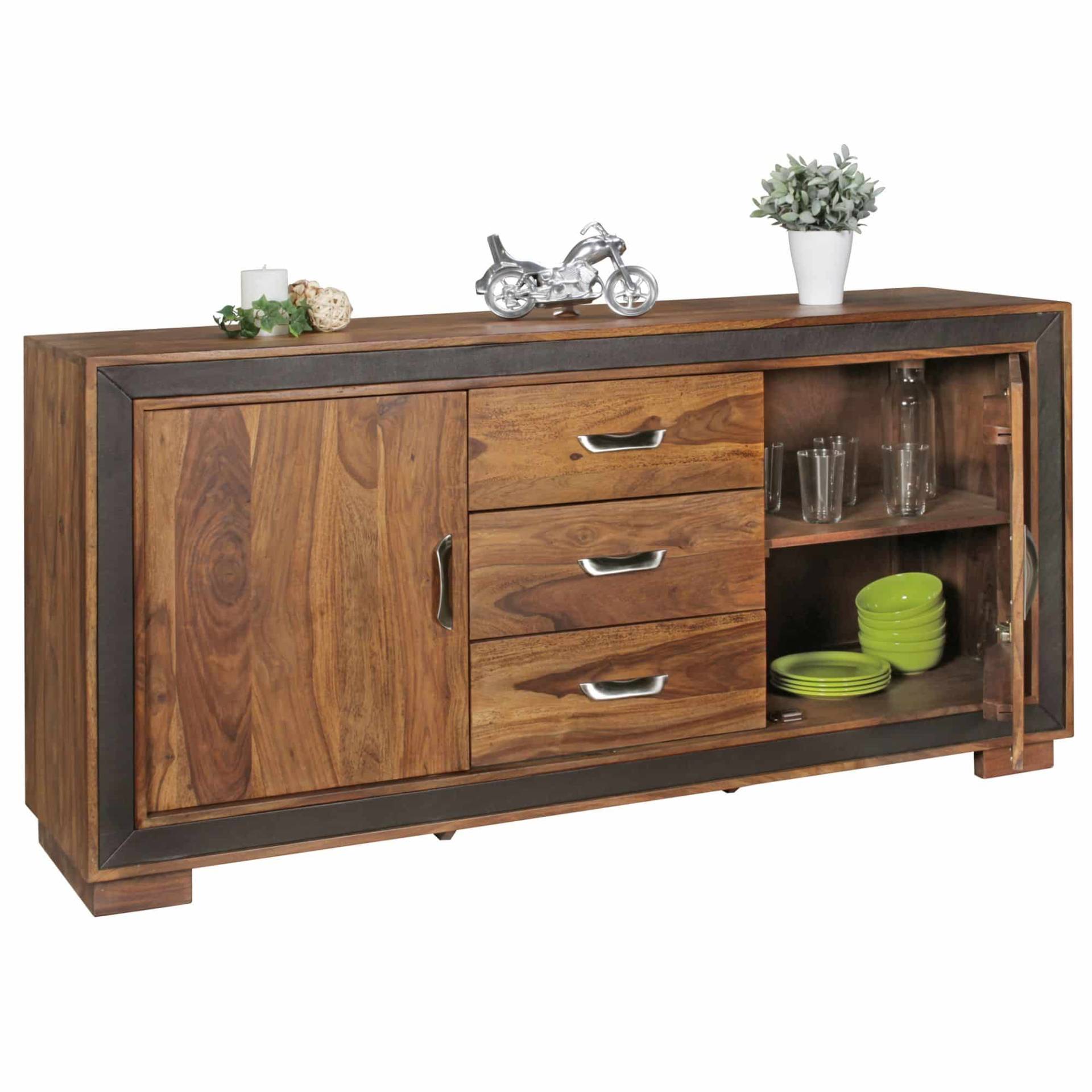 Design Sideboard Sheesham Massivholz mit Kunstleder 160x44x80 cm von Wohnling