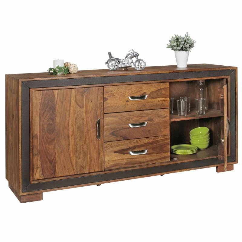 Design Sideboard Sheesham Massivholz mit Kunstleder 160x44x80 cm von Wohnling