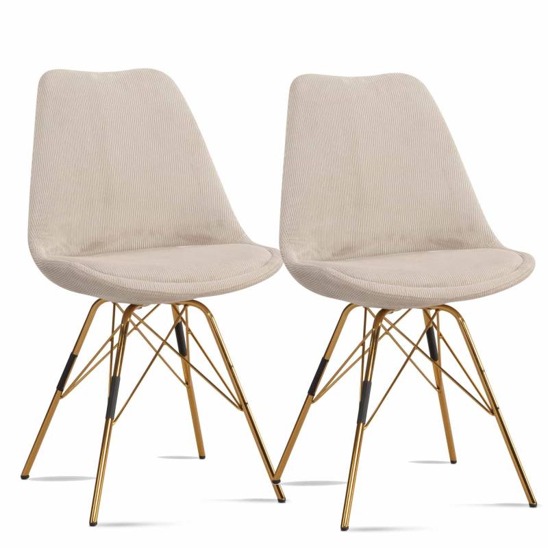 Esszimmerstuhl 2er Set Cara-Stoff Beige Küchenstuhl mit goldenen Beinen von Wohnling