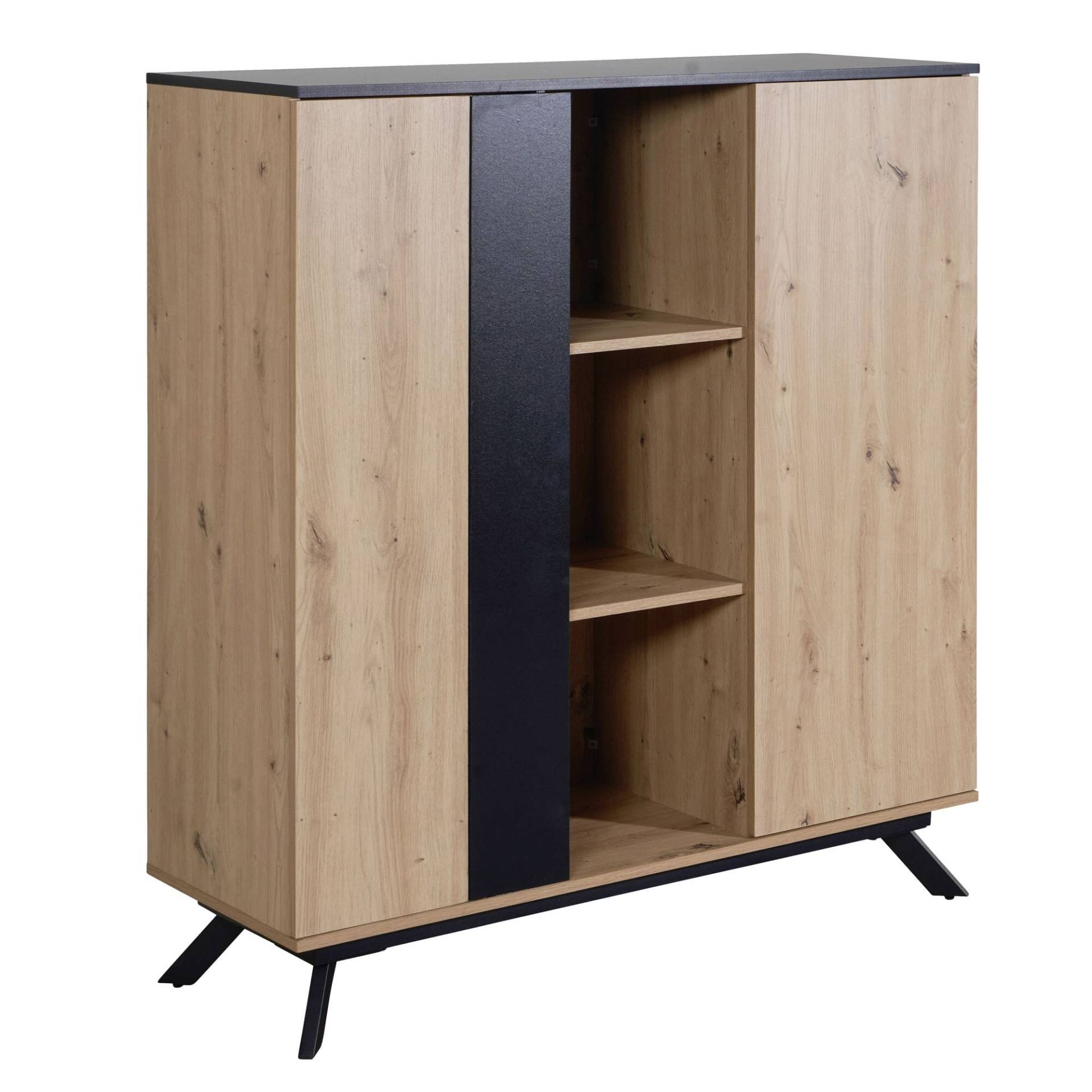 Highboard 110x125x40cm MDF Eiche-Dekor Schwarz 2 Türen Regal Metallbeine Modern von Wohnling
