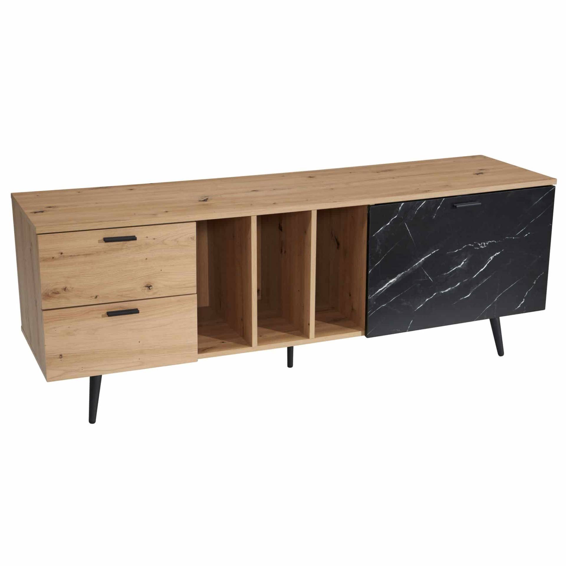 Lowboard Eiche-Dekor mit Marmor-Look in Schwarz 150x55x40 cm TV-Kommode Lowboard Eiche-Dekor mit Marmor-Look in Schwarz 150x55x40 cm TV-Kommode von Wohnling
