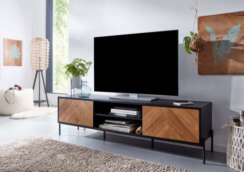 Lowboard Holz Schwarz / Eiche-Dekor 163x45x40 cm TV-Kommode mit zwei T?ren von Wohnling