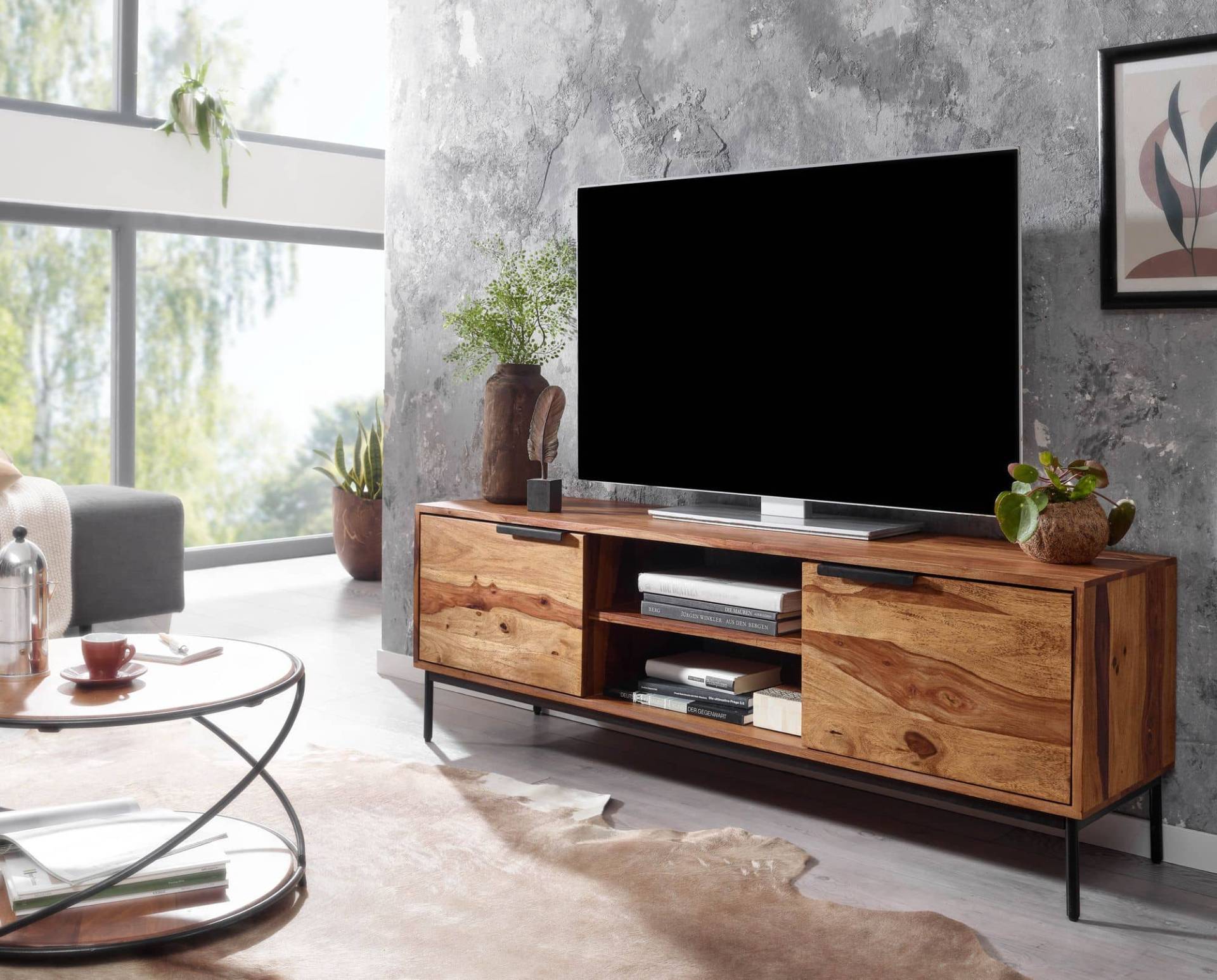 Lowboard Sheesham Massivholz 147x51x38 cm TV-Kommode mit zwei Türen von Wohnling